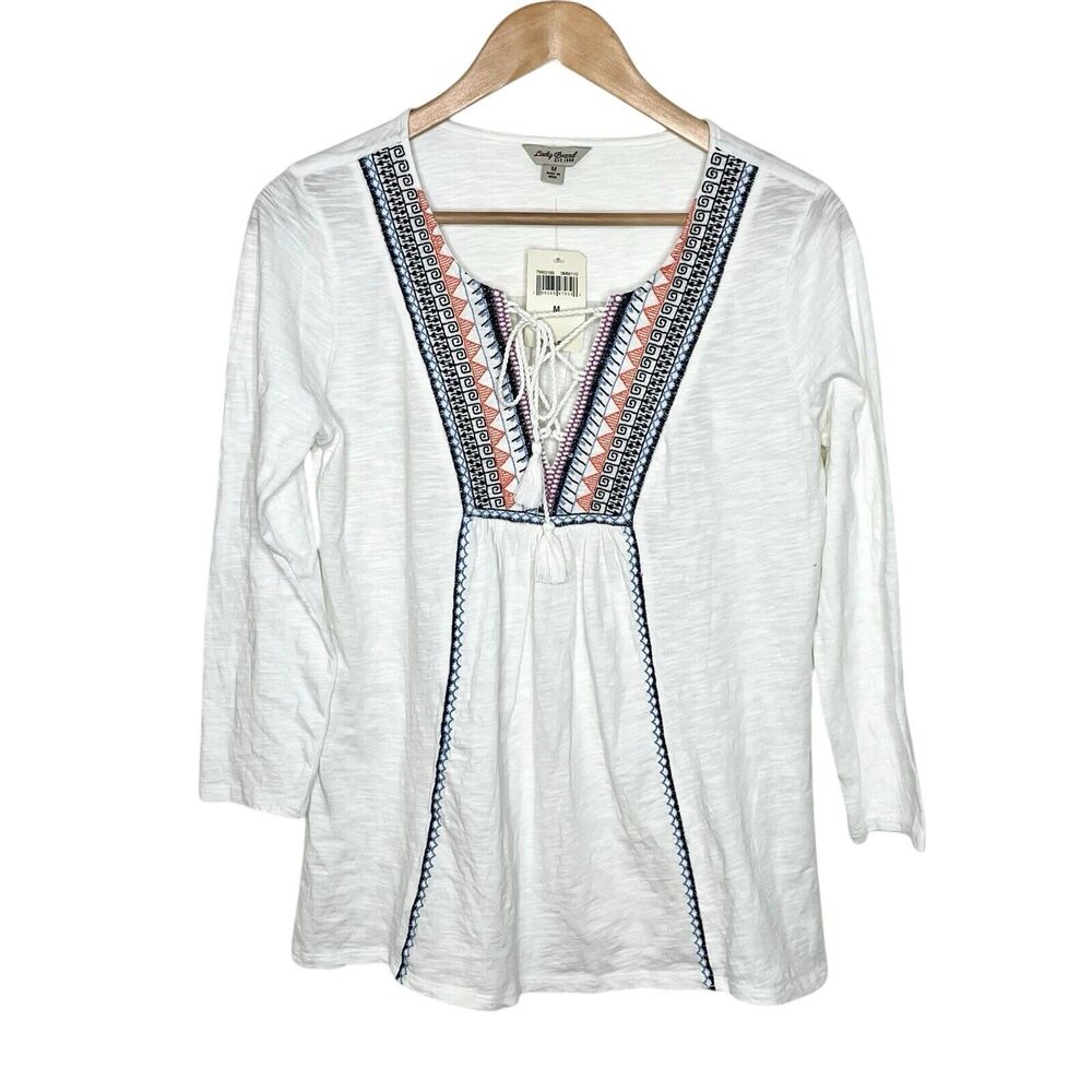 Lucky Embroidered Slub Knit Tasseled Top White Womens M Boho Aztec Southwestern